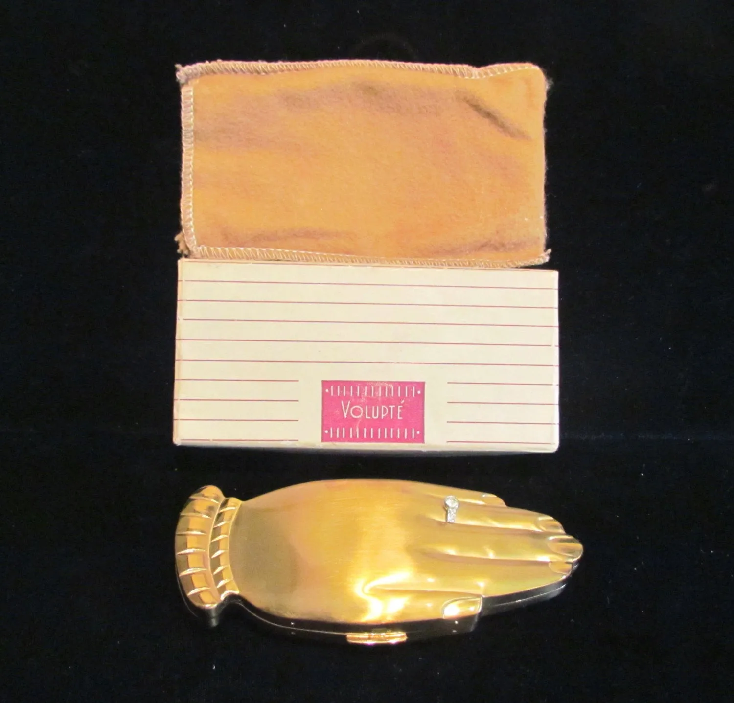 1940s Volupte Golden Gesture Hand Compact Rhinestone Engagement Ring Pouch Original Box Unused Rare