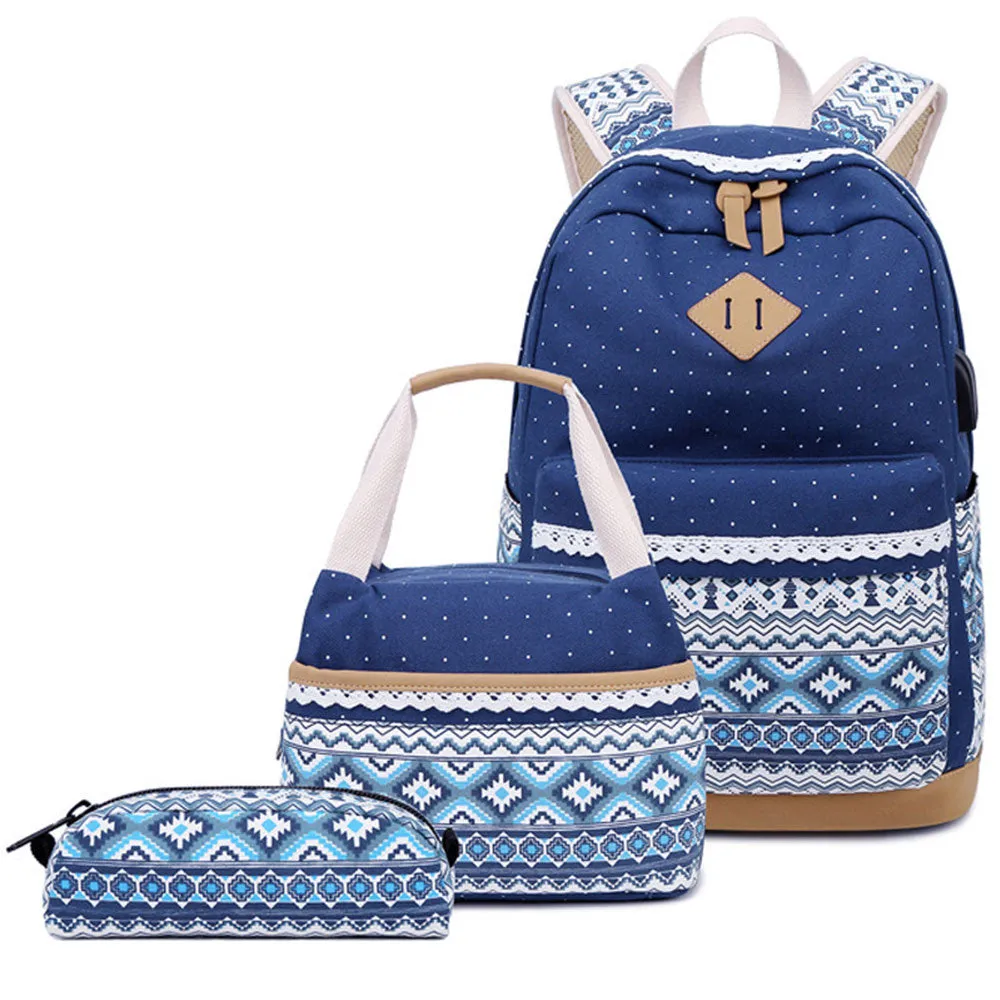 3 in 1 Backpack Set for Girls Canvas Schoolbag Lightweight Travel Bookbag Daypack with USB Charging Port