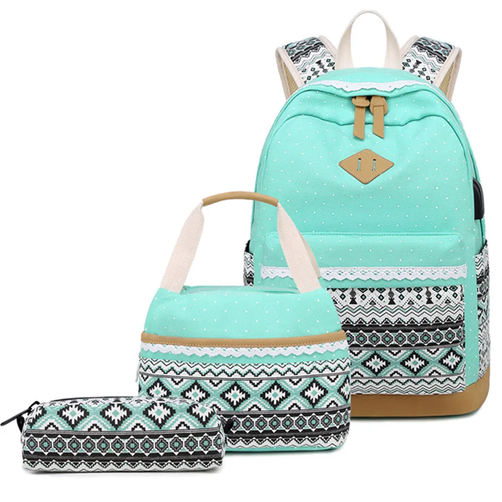 3 in 1 Backpack Set for Girls Canvas Schoolbag Lightweight Travel Bookbag Daypack with USB Charging Port