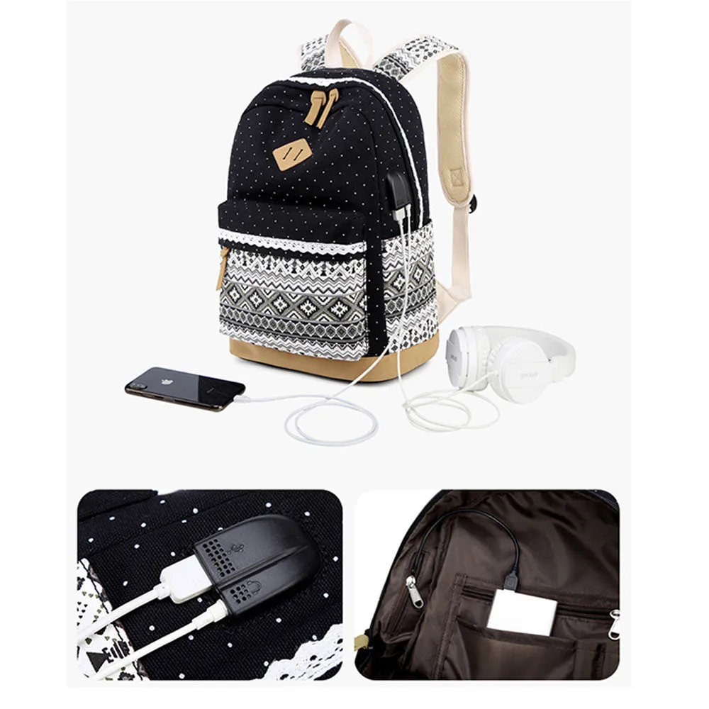 3 in 1 Backpack Set for Girls Canvas Schoolbag Lightweight Travel Bookbag Daypack with USB Charging Port