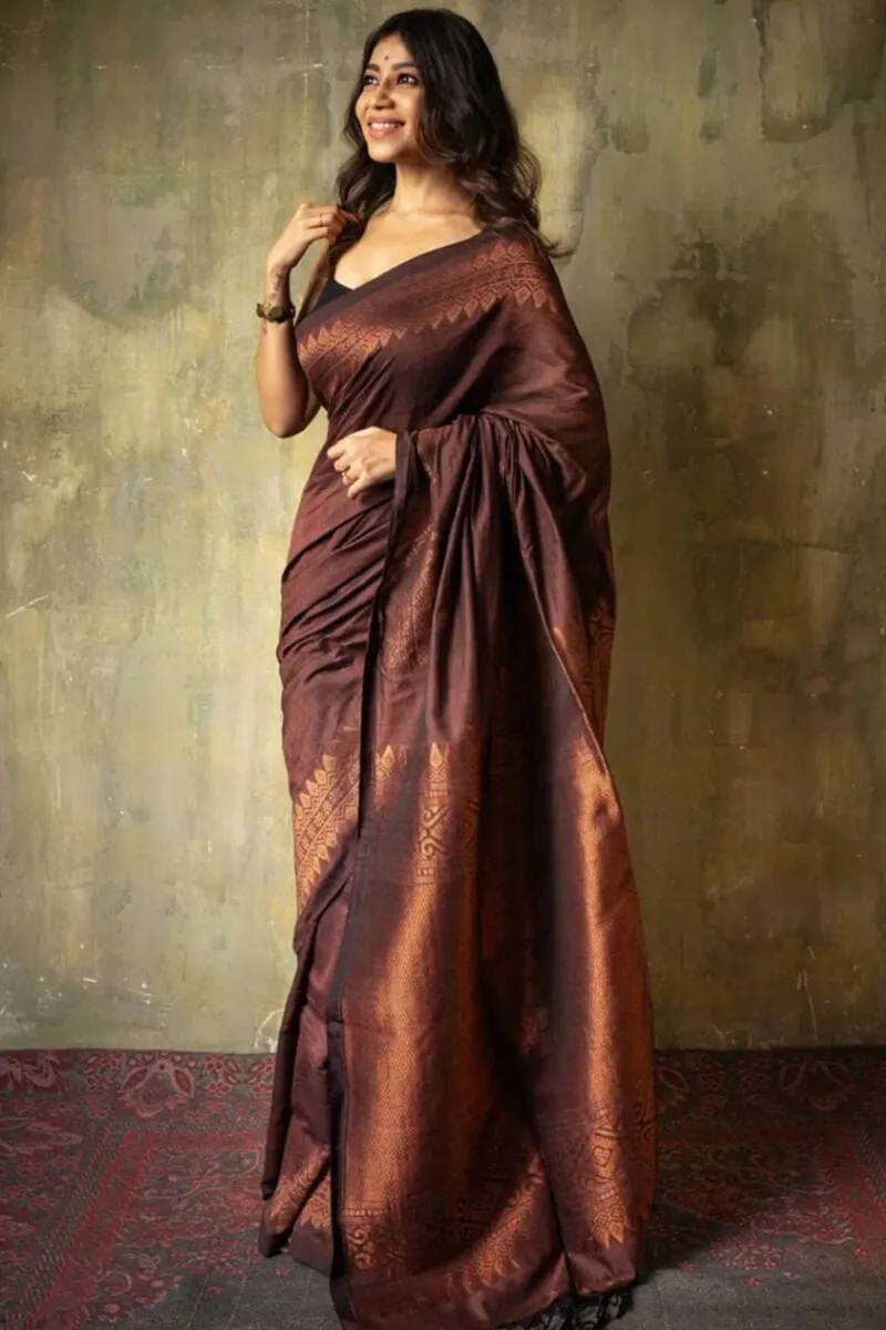 Artistic Brown Soft Silk Saree With Resplendent Blouse Piece