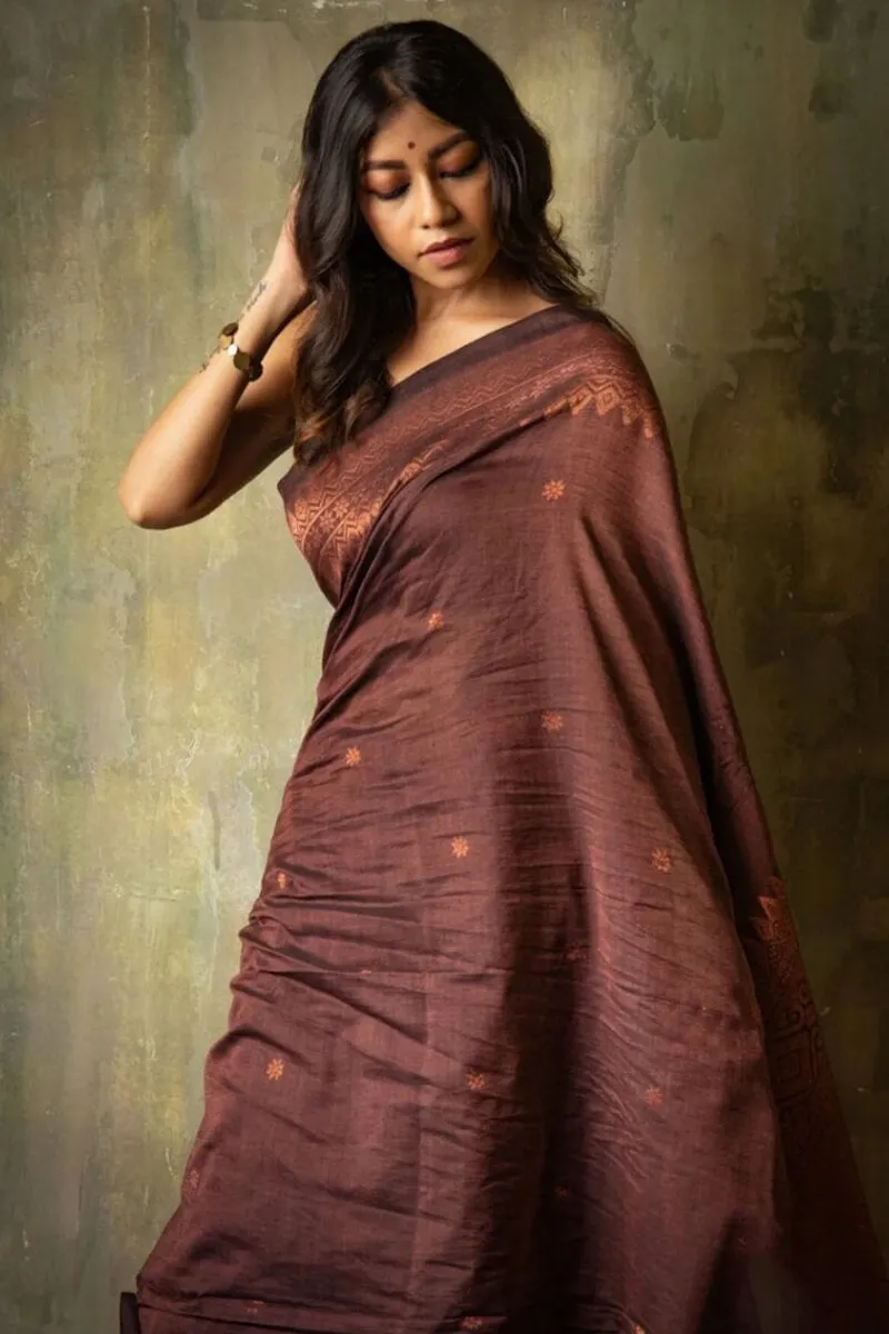 Artistic Brown Soft Silk Saree With Resplendent Blouse Piece