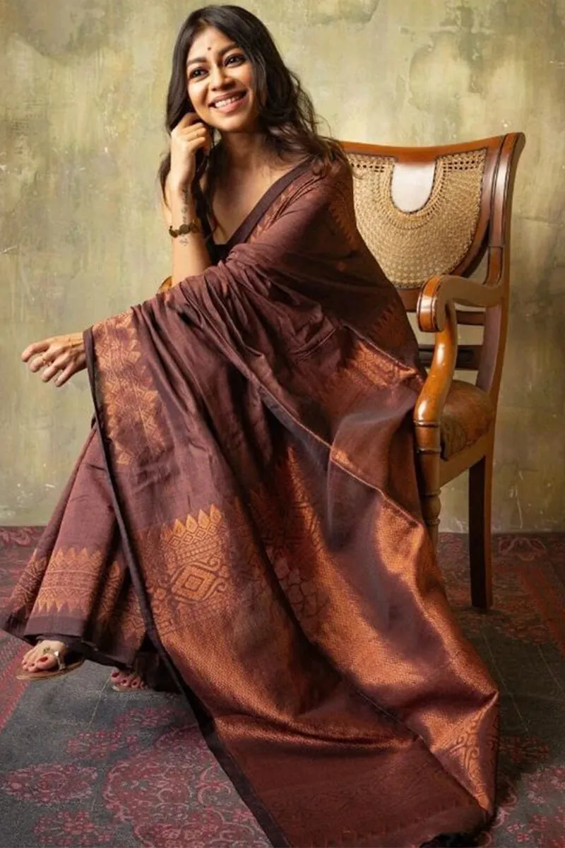 Artistic Brown Soft Silk Saree With Resplendent Blouse Piece