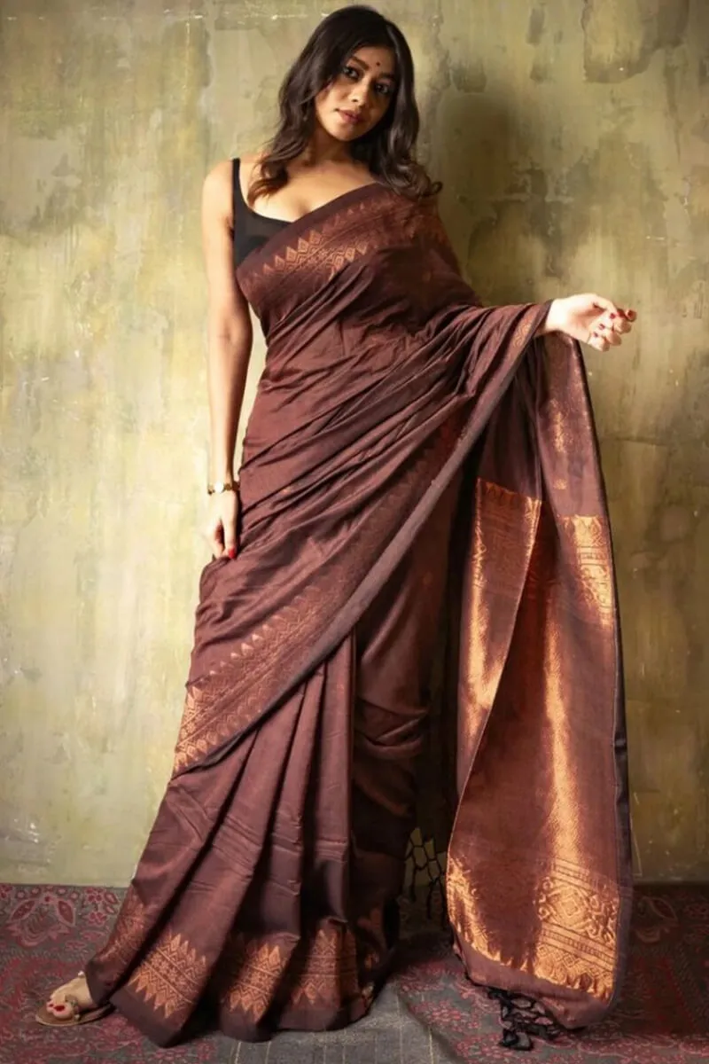 Artistic Brown Soft Silk Saree With Resplendent Blouse Piece