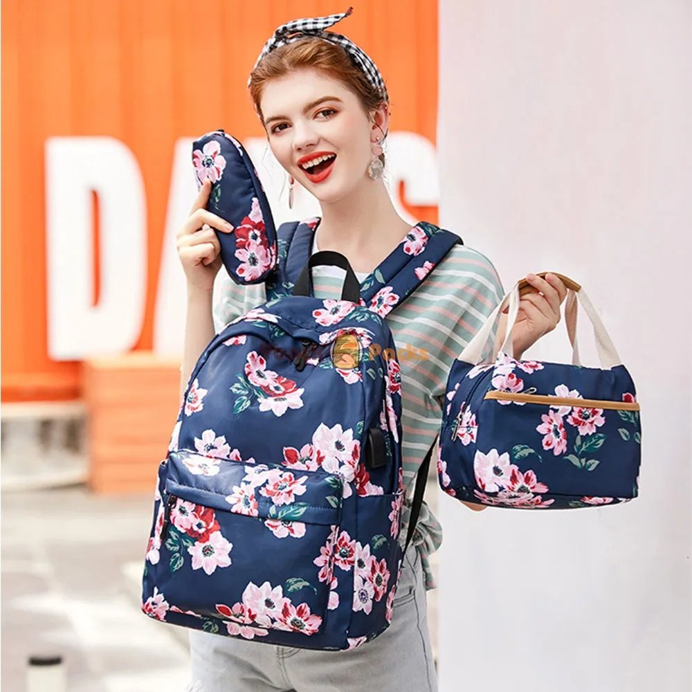 Back to School Backpack Set for Girls 3 Pieces Floral Prints School Bag with USB Charging Port
