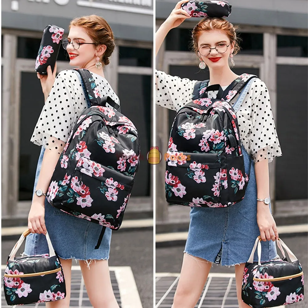 Back to School Backpack Set for Girls 3 Pieces Floral Prints School Bag with USB Charging Port
