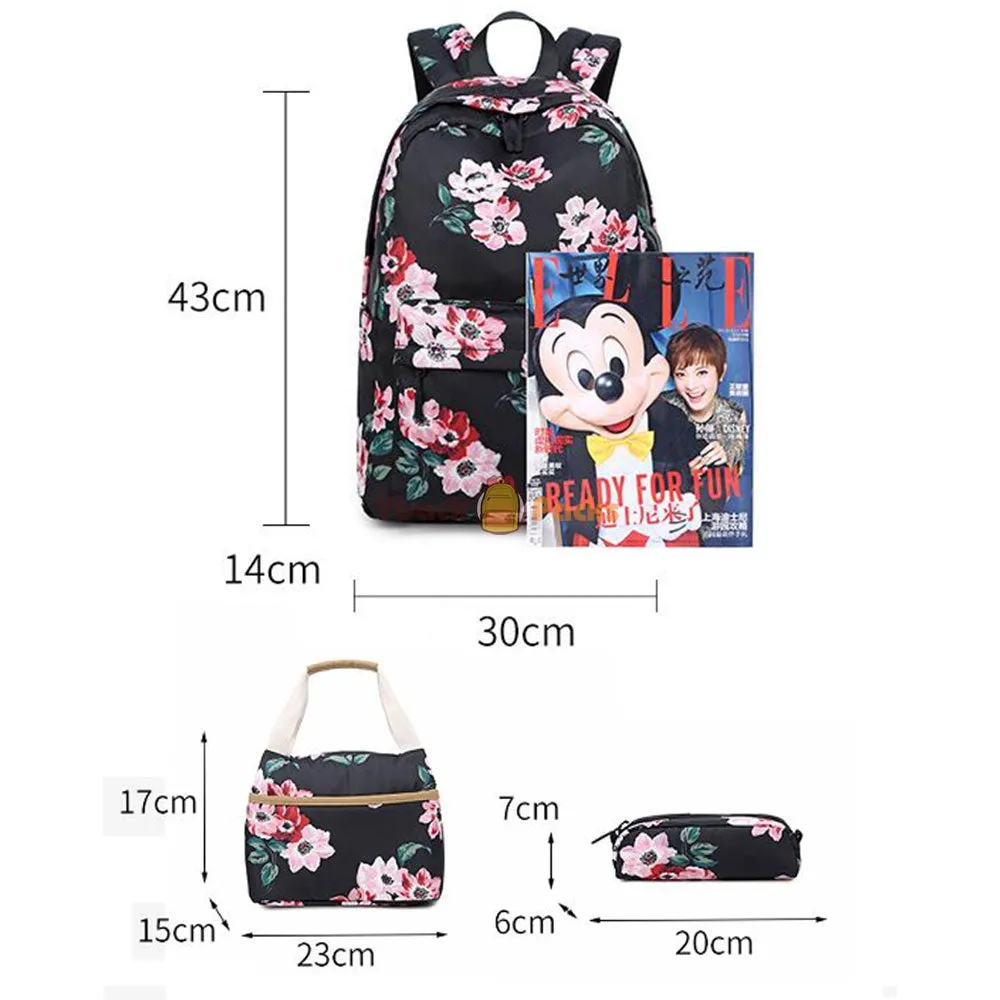 Back to School Backpack Set for Girls 3 Pieces Floral Prints School Bag with USB Charging Port