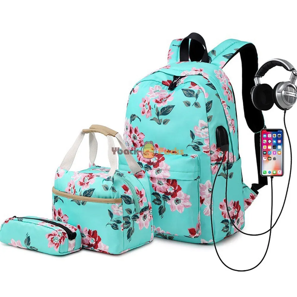 Back to School Backpack Set for Girls 3 Pieces Floral Prints School Bag with USB Charging Port