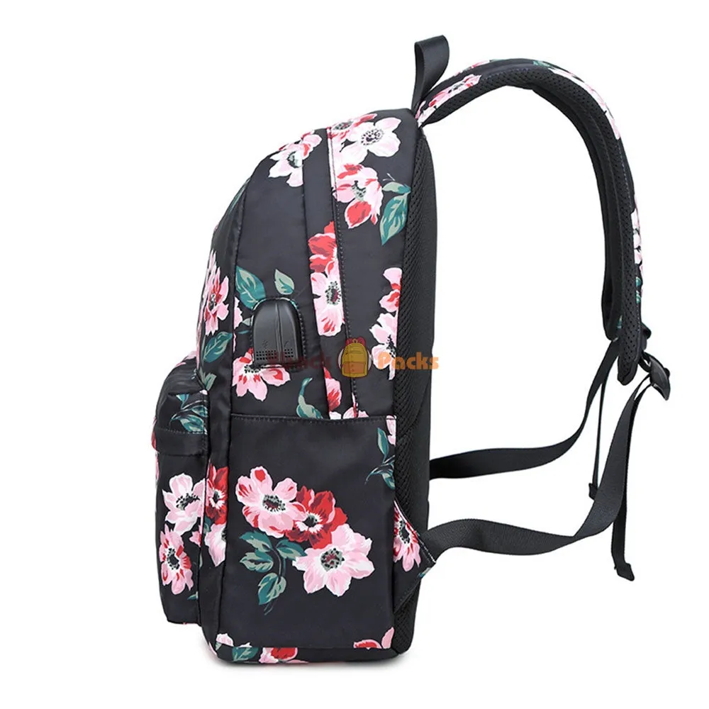 Back to School Backpack Set for Girls 3 Pieces Floral Prints School Bag with USB Charging Port