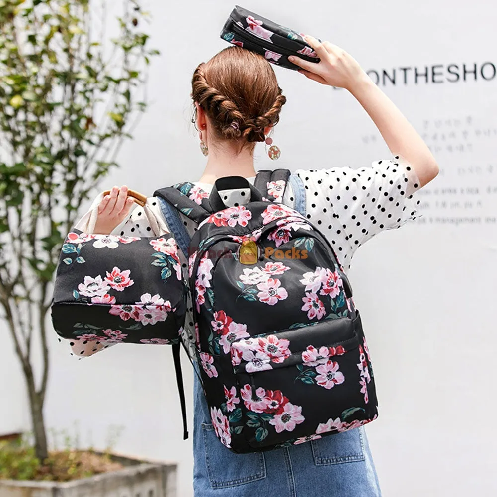 Back to School Backpack Set for Girls 3 Pieces Floral Prints School Bag with USB Charging Port