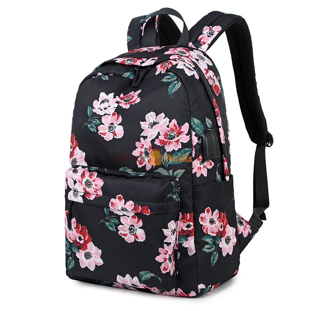 Back to School Backpack Set for Girls 3 Pieces Floral Prints School Bag with USB Charging Port