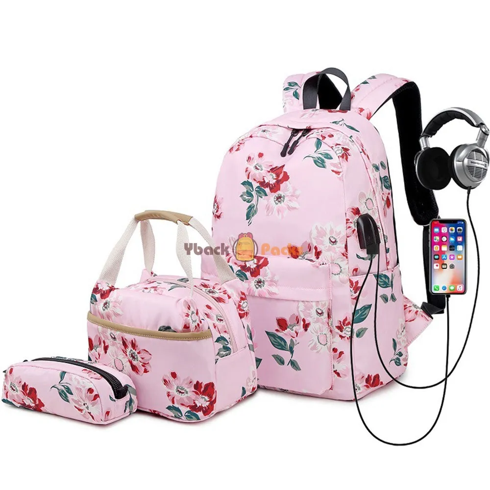 Back to School Backpack Set for Girls 3 Pieces Floral Prints School Bag with USB Charging Port