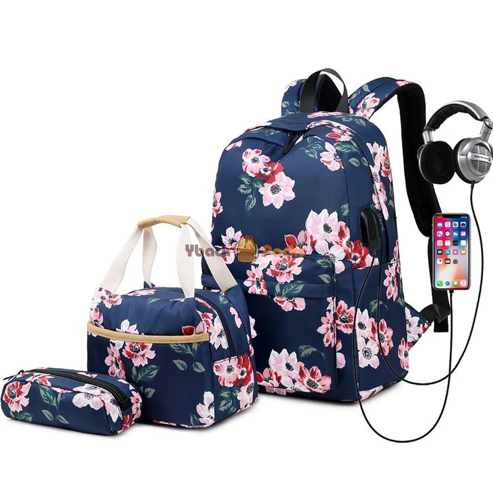 Back to School Backpack Set for Girls 3 Pieces Floral Prints School Bag with USB Charging Port