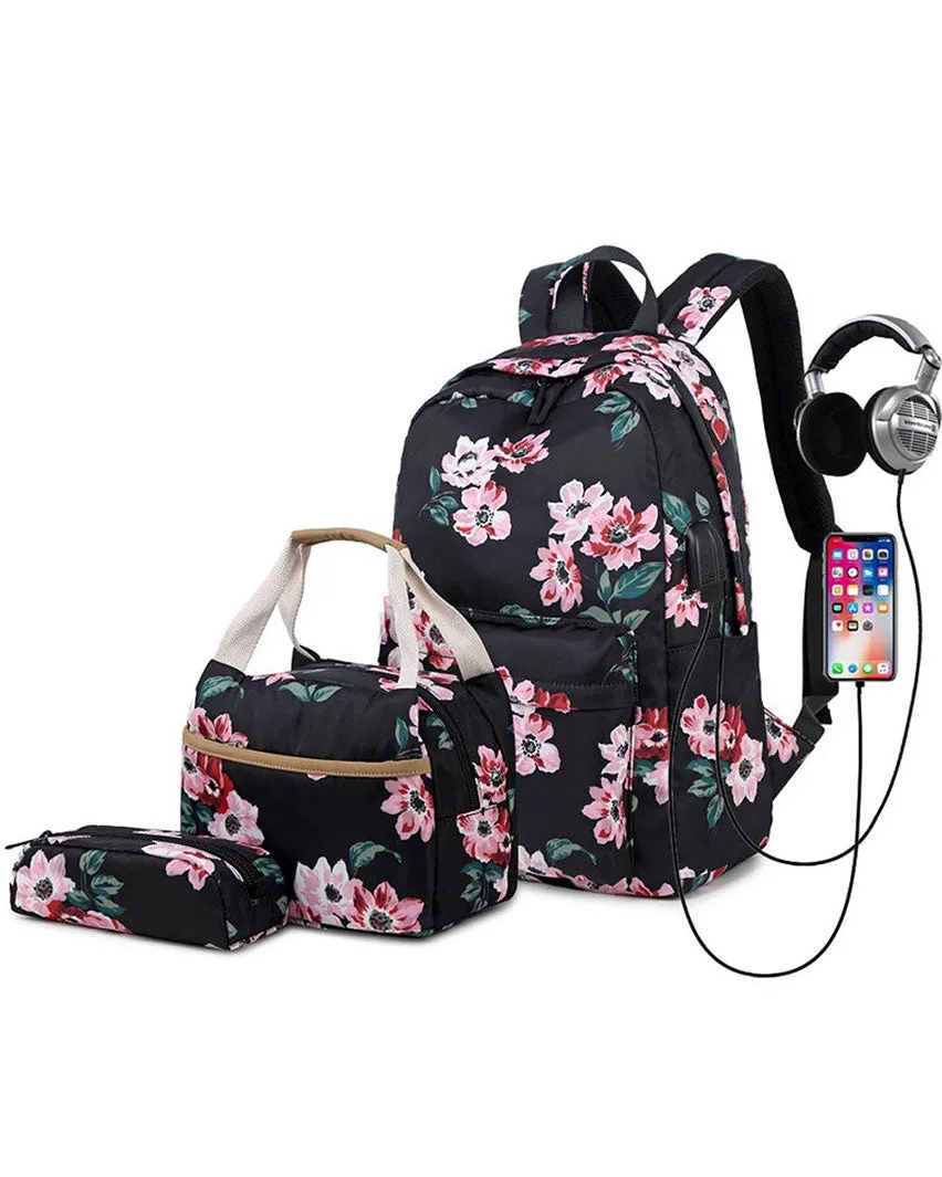 Back to School Backpack Set for Girls 3 Pieces Floral Prints School Bag with USB Charging Port