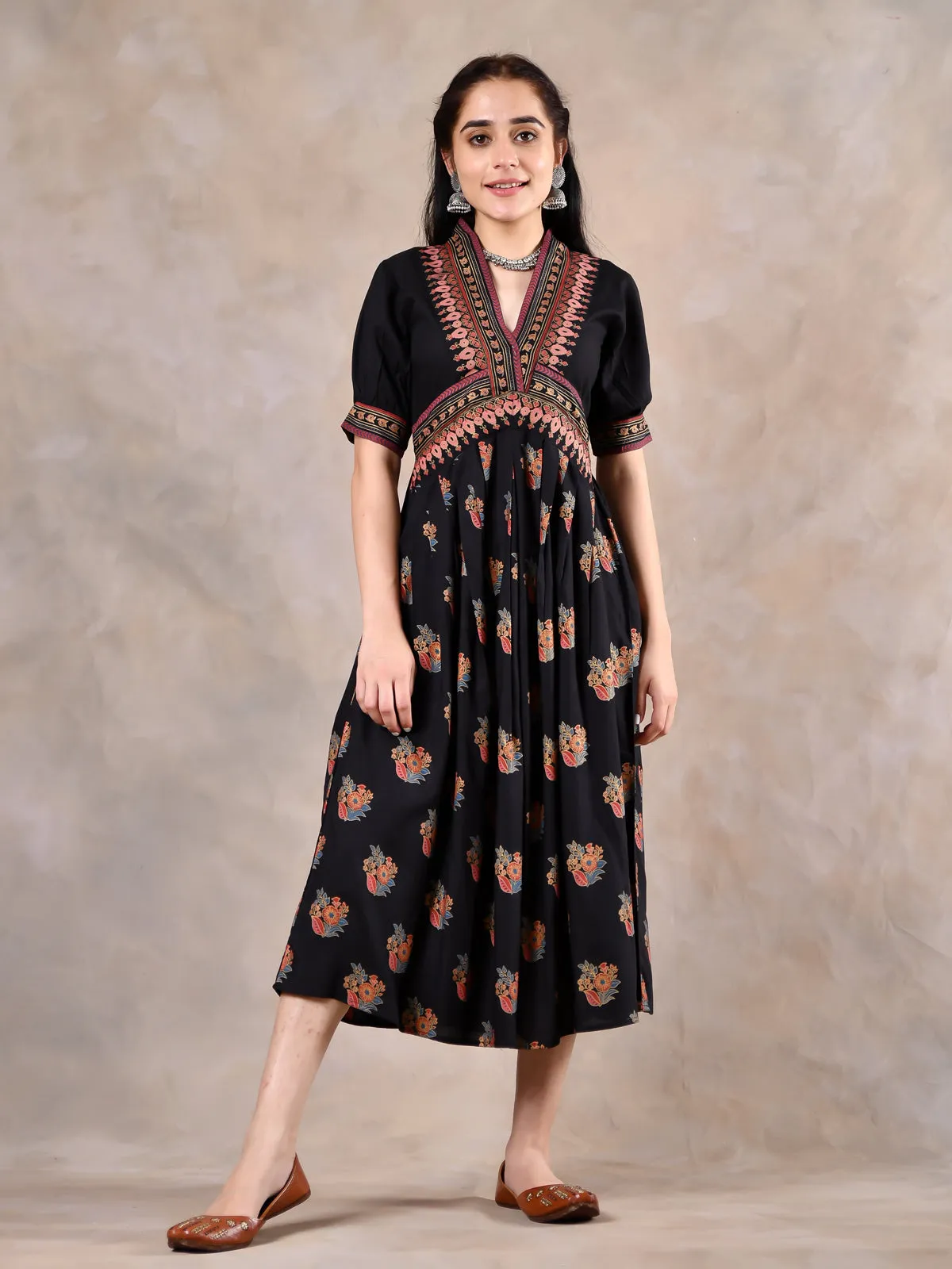 Black Viscose Printed V Neck Gathered Dress