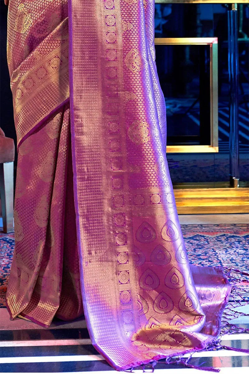 Ebullience Purple Kanjivaram Silk Saree With Vibrant Blouse Piece