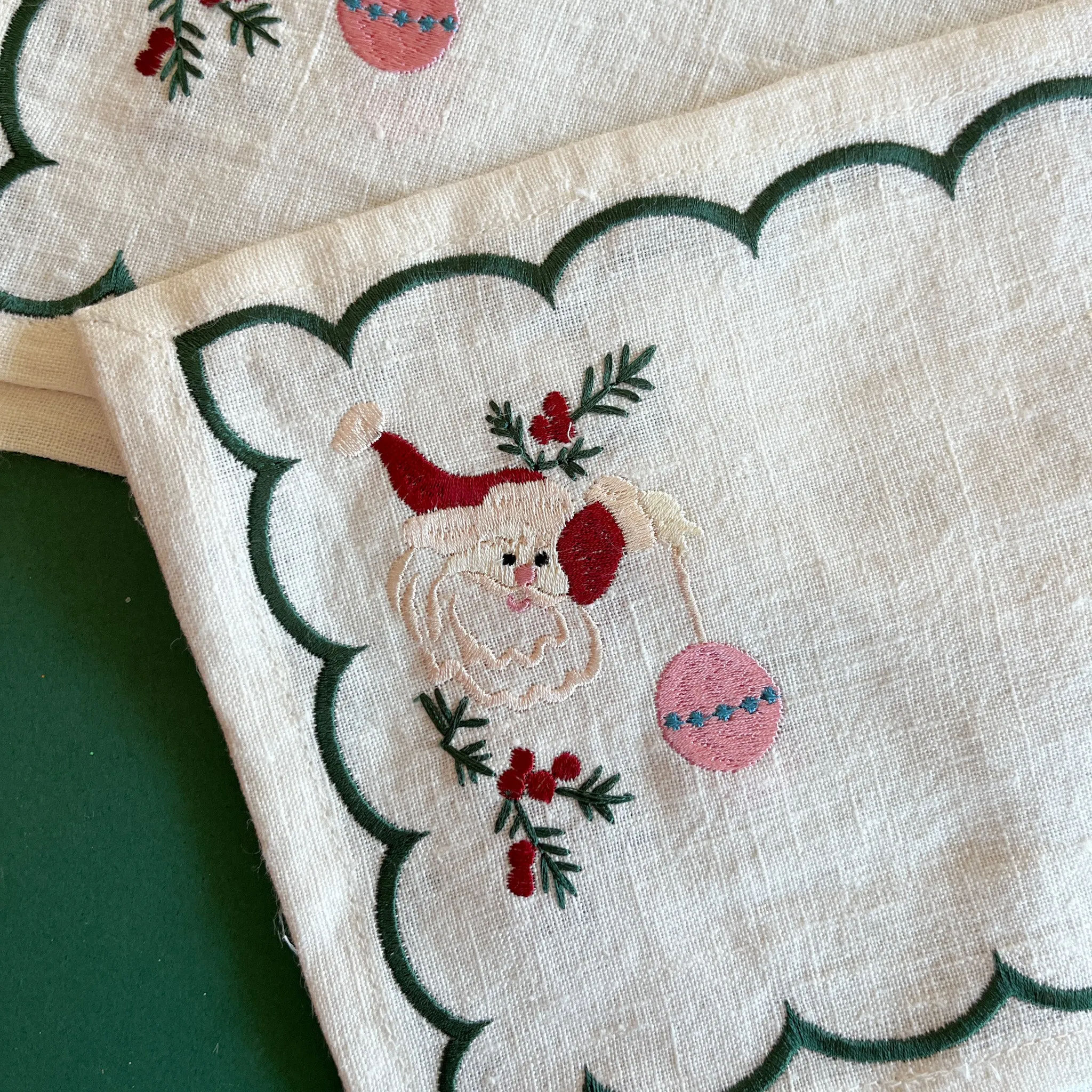 Embroidered Santa Linen Christmas Cocktail Napkins/Coasters, Set of 4