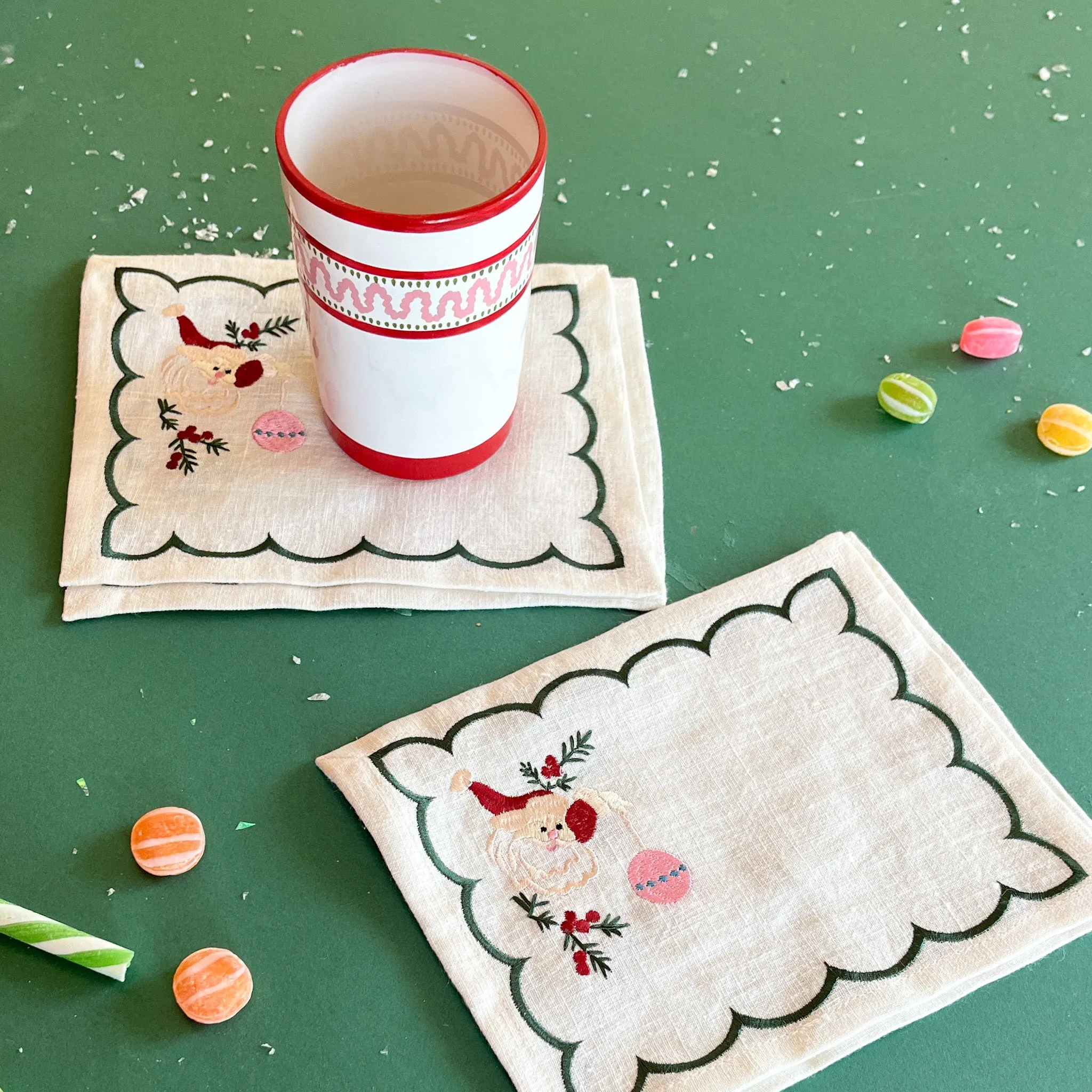 Embroidered Santa Linen Christmas Cocktail Napkins/Coasters, Set of 4