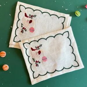 Embroidered Santa Linen Christmas Cocktail Napkins/Coasters, Set of 4