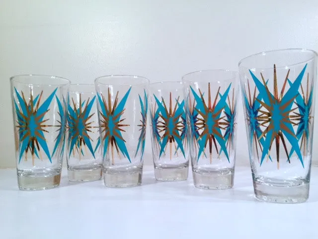 Federal Glass Inca Mid-Century Atomic Turquoise and 22-Karat Gold Starburst Glasses (Set of 6)