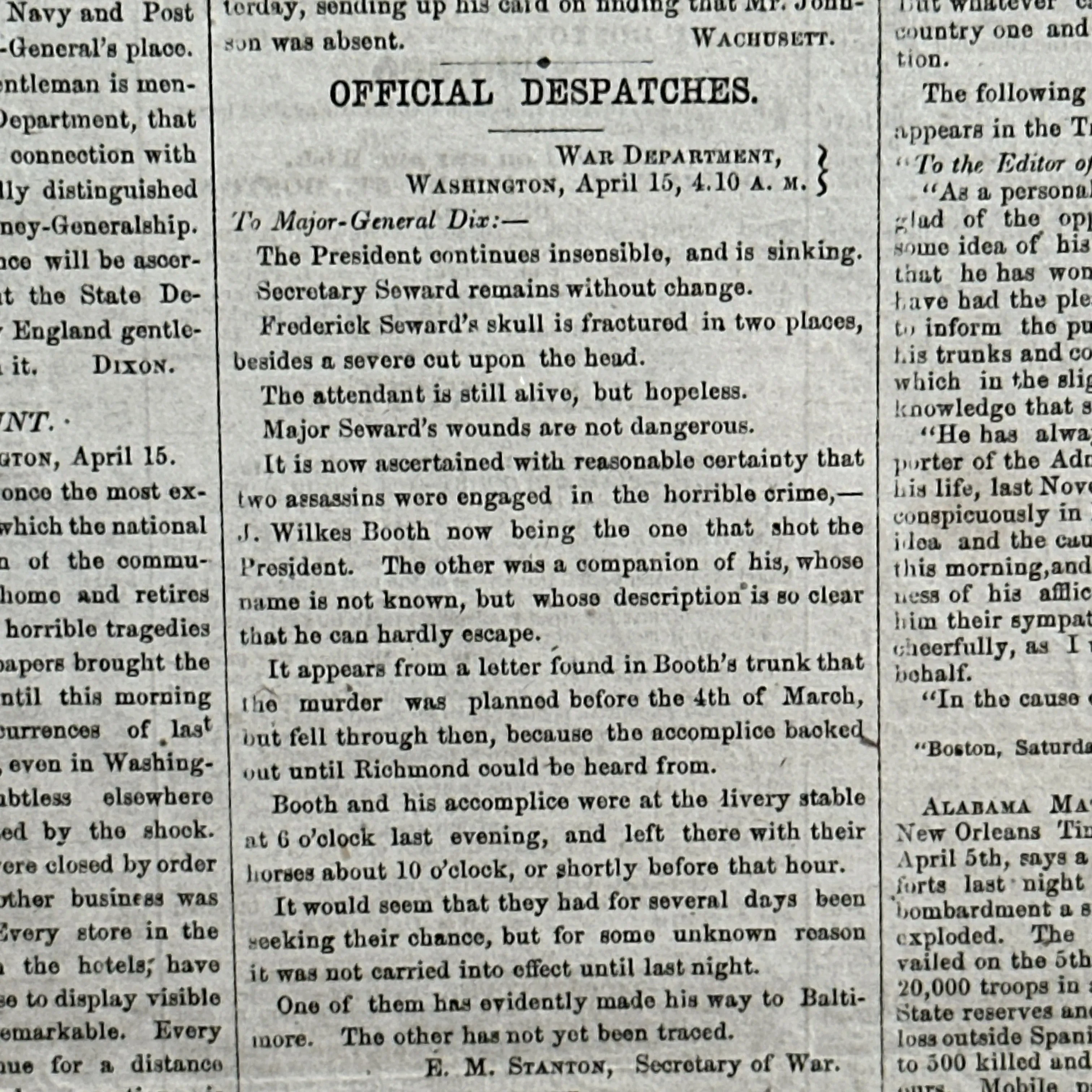 Framed April 17, 1865 newspaper reporting Lincoln's Assassination and Death