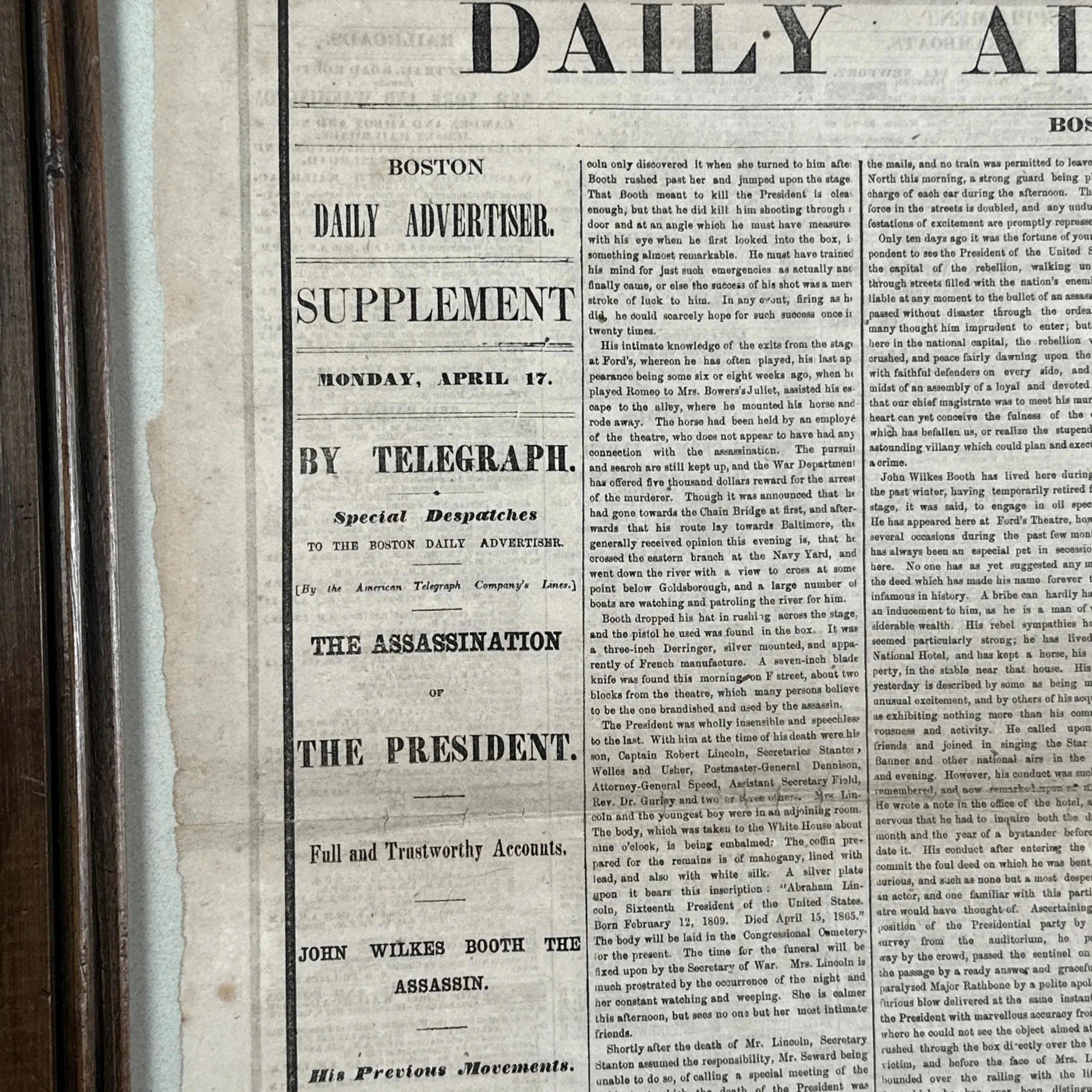 Framed April 17, 1865 newspaper reporting Lincoln's Assassination and Death