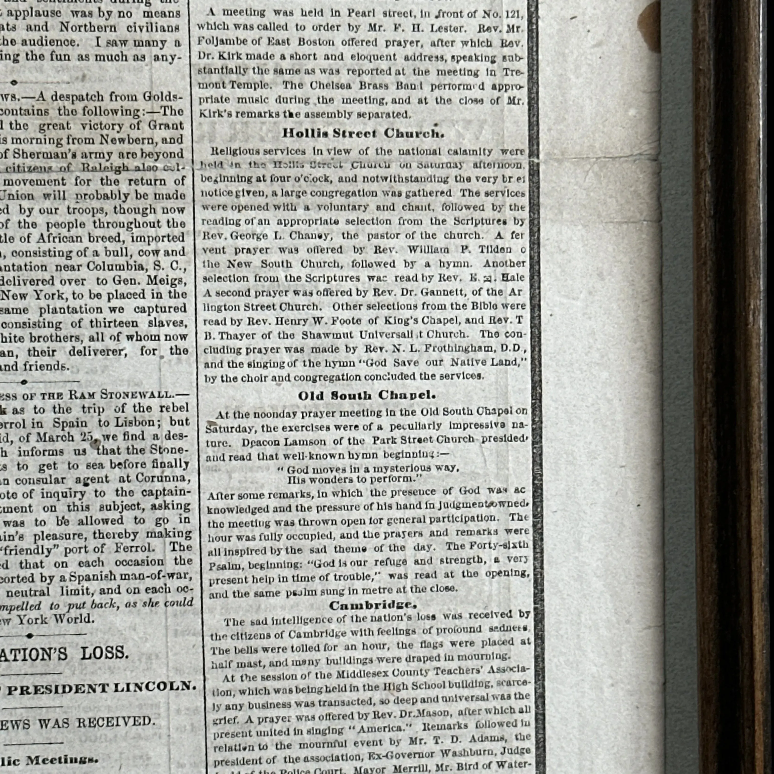 Framed April 17, 1865 newspaper reporting Lincoln's Assassination and Death