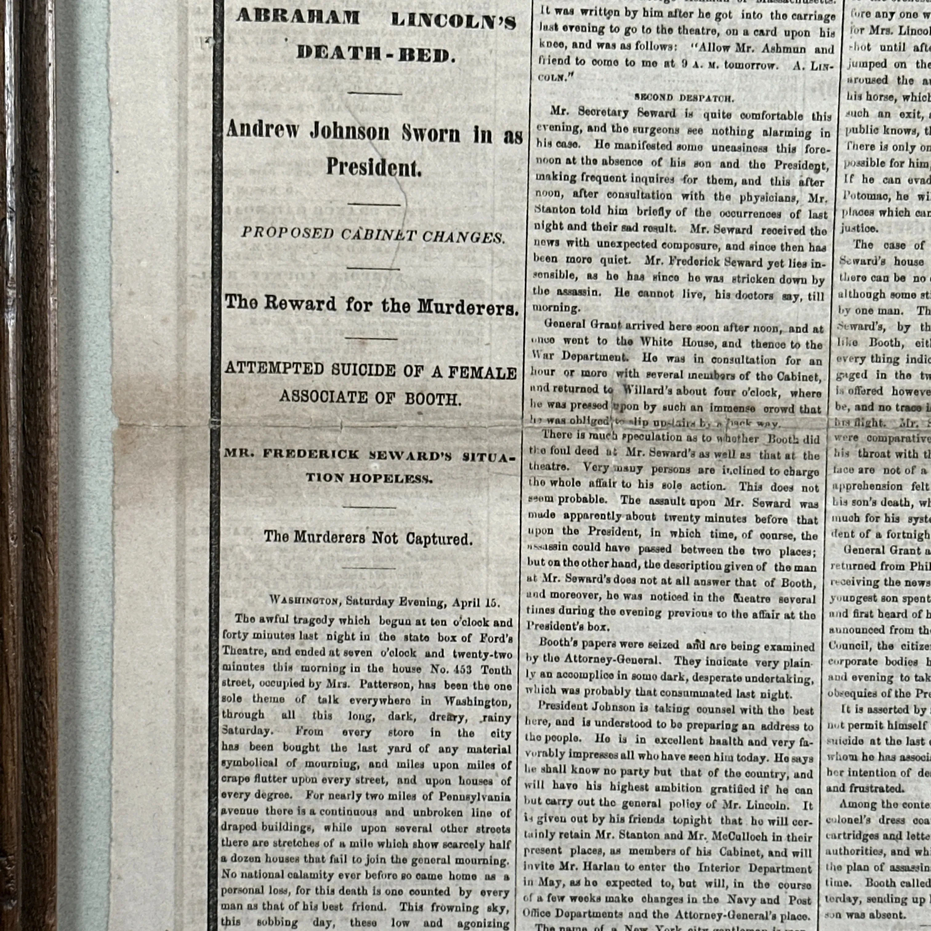 Framed April 17, 1865 newspaper reporting Lincoln's Assassination and Death