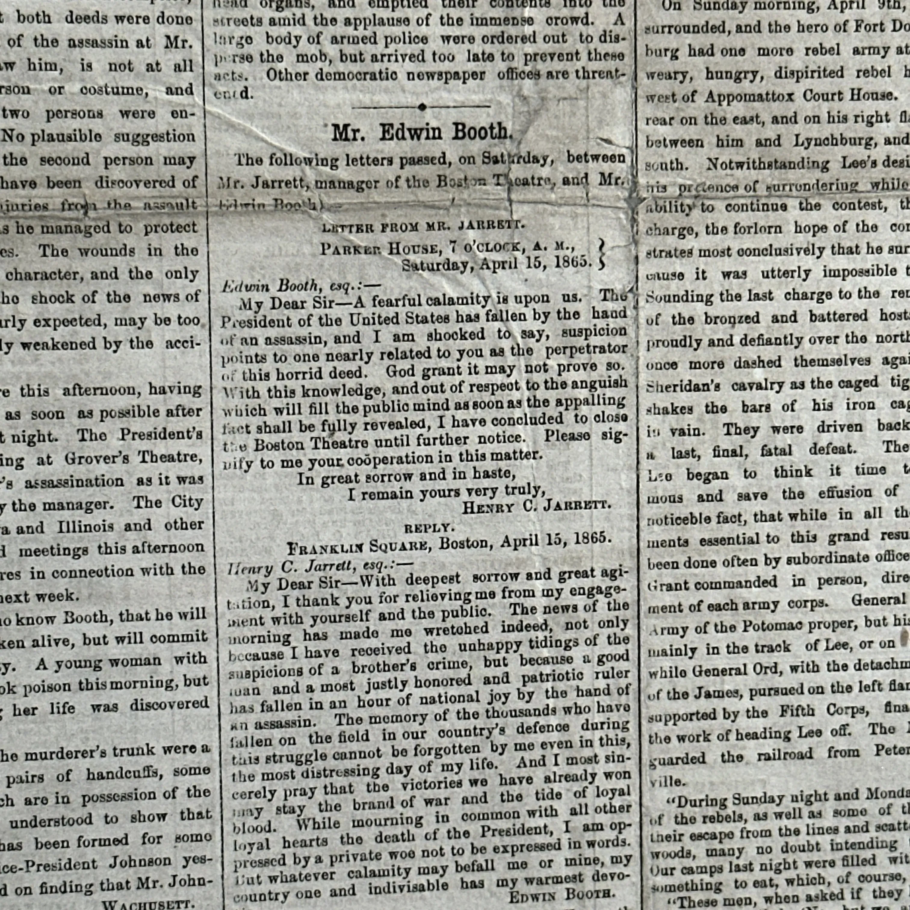 Framed April 17, 1865 newspaper reporting Lincoln's Assassination and Death