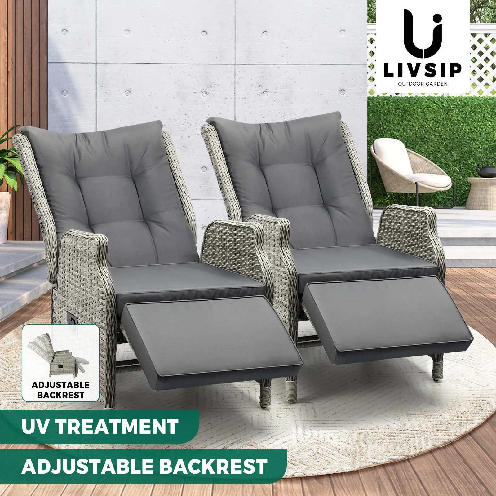 Livisp Recliner Chairs Sun lounge Outdoor Furniture Patio Wicker Sofa Set of 2
