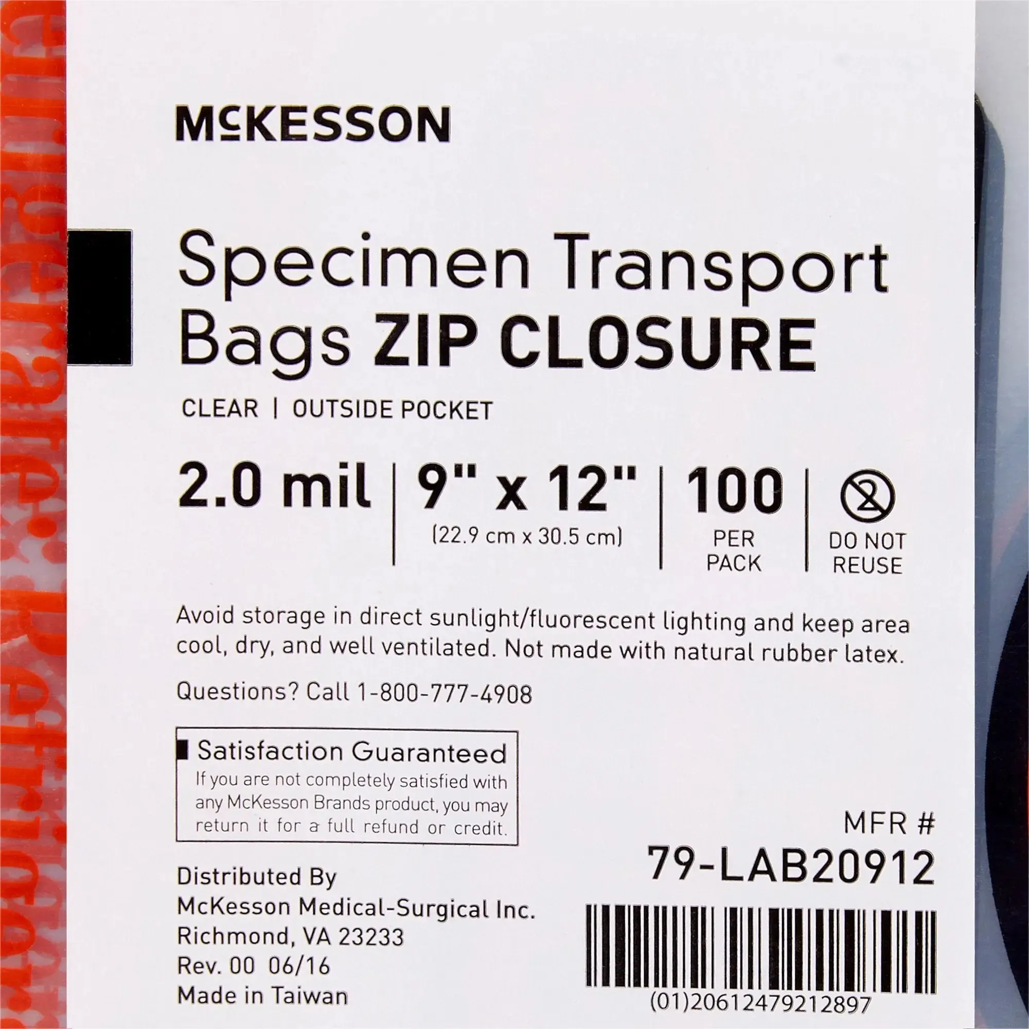 McKesson Specimen Transport Bag with Document Pouch, 9 x 12 Inch