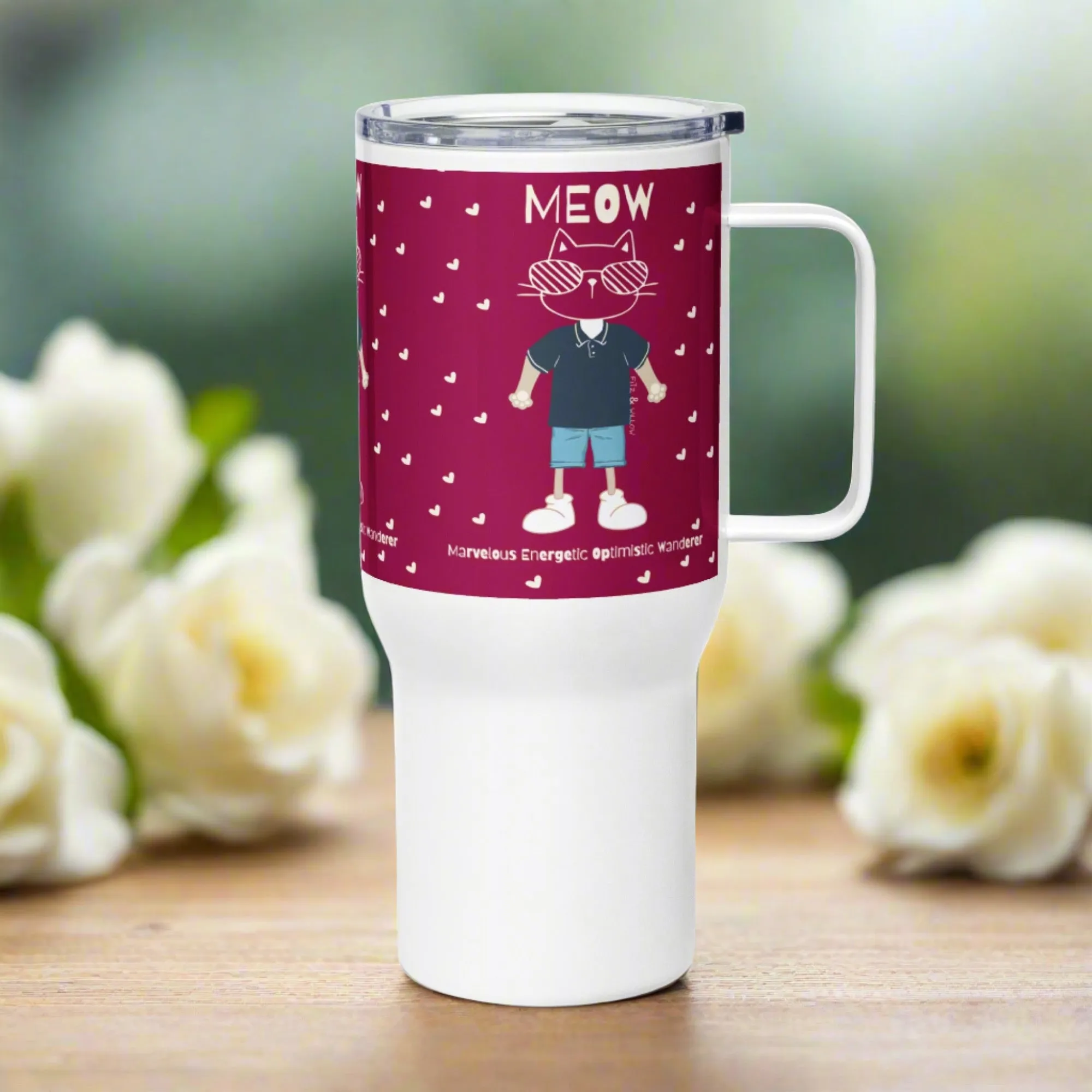 MEOW, Cat Themed Travel mug with handle