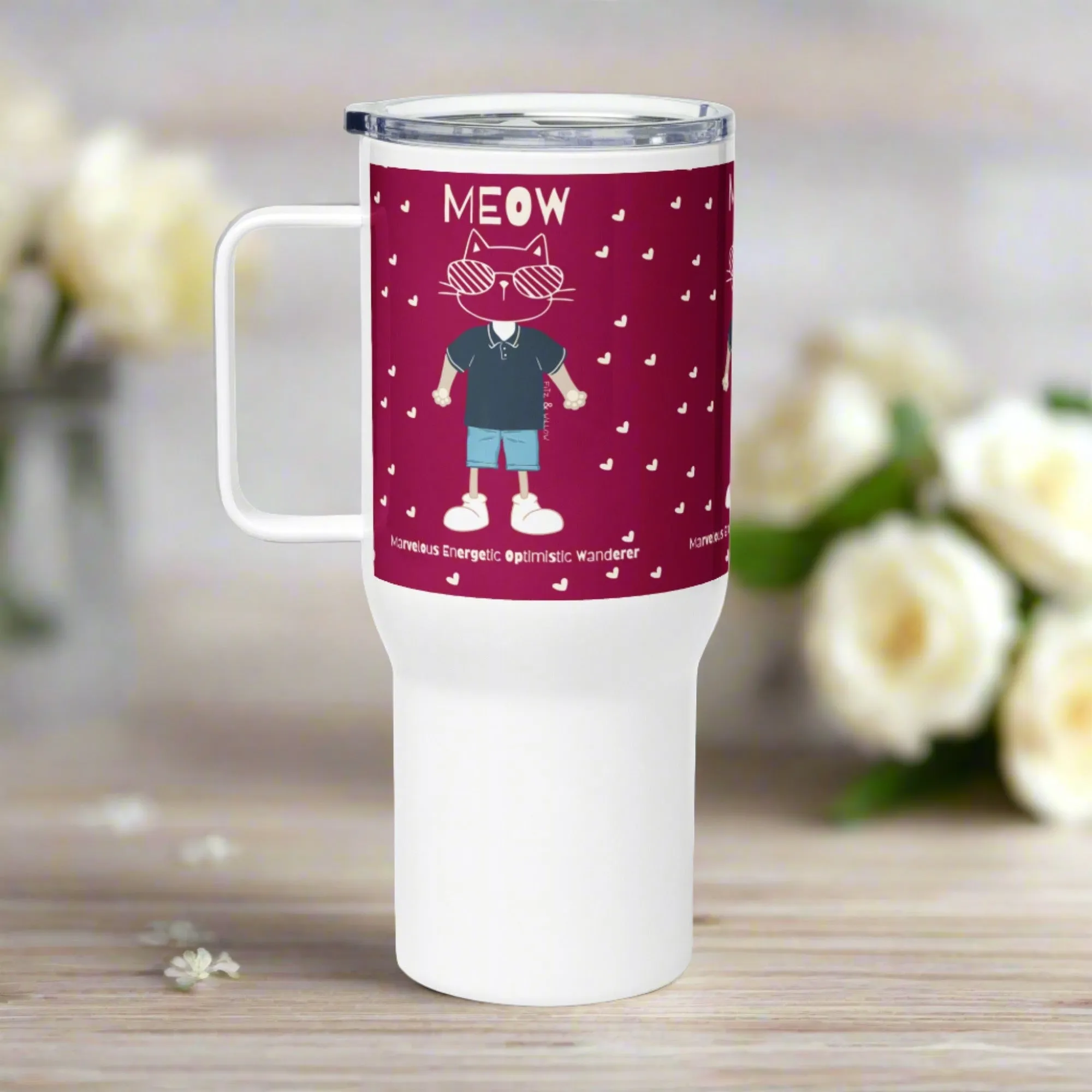 MEOW, Cat Themed Travel mug with handle