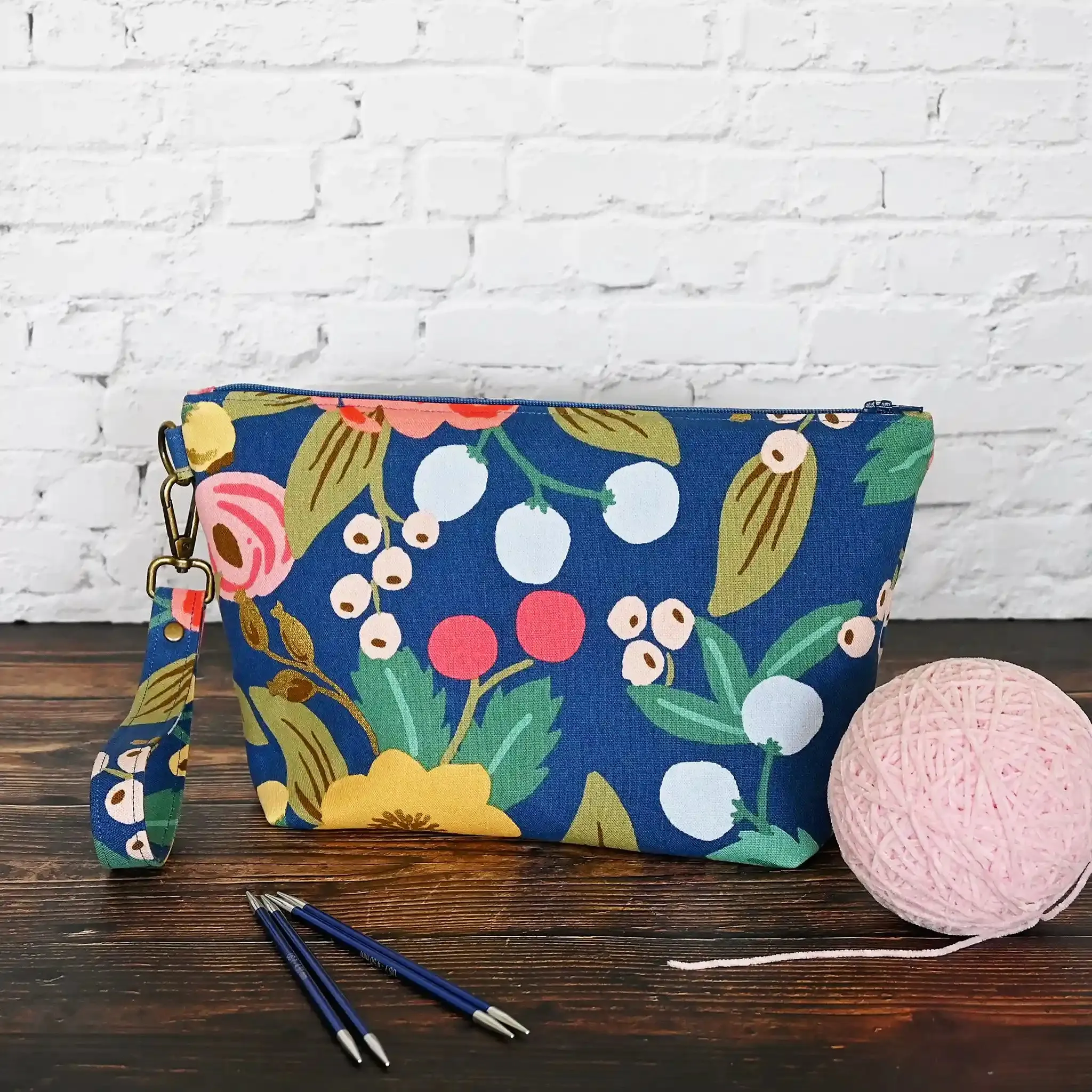 Navy Floral Canvas Sock Project Bag in Rifle Paper Co's Antique Garden