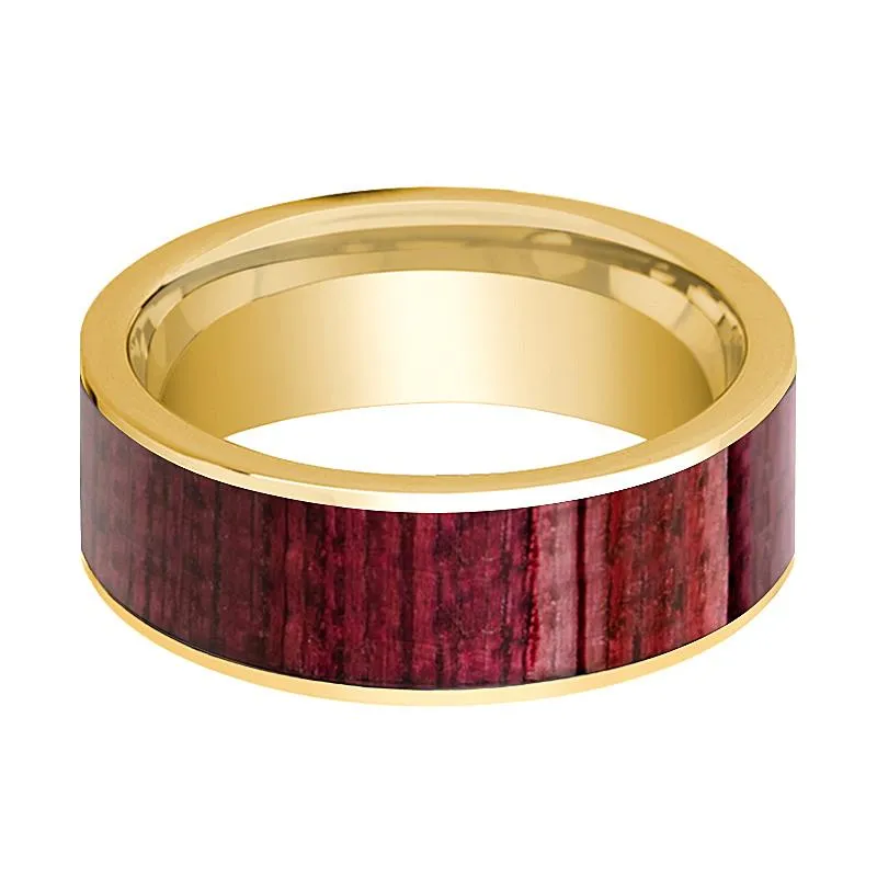 Polished 14k Yellow Gold Flat Wedding Ring for Men with Purpleheart Wood Inlay - 8MM