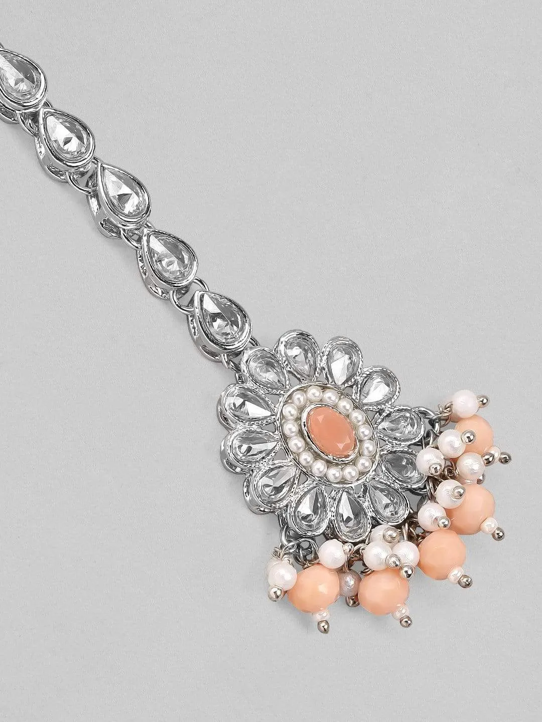 Rubans Silver Plated Handcrafted Kundan White & Peach Beads Maangtika