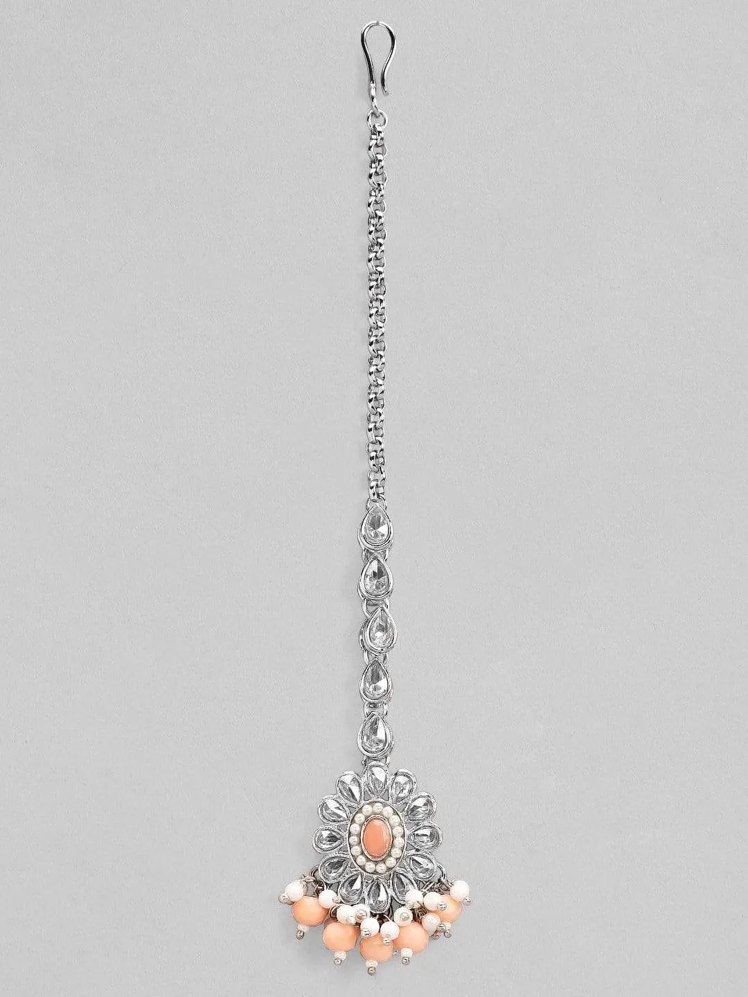 Rubans Silver Plated Handcrafted Kundan White & Peach Beads Maangtika