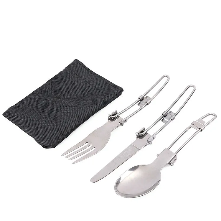 (Set of 3) Camping cutlery foldable knife / fork / spoon with lock   bag - silver