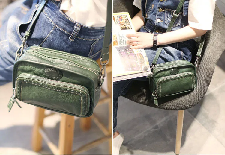 Square Womens Green Leather Crossbody Satchel Purse Small Shoulder Bags for Women