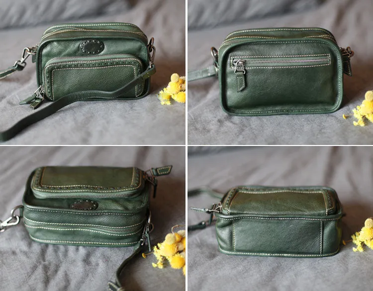 Square Womens Green Leather Crossbody Satchel Purse Small Shoulder Bags for Women