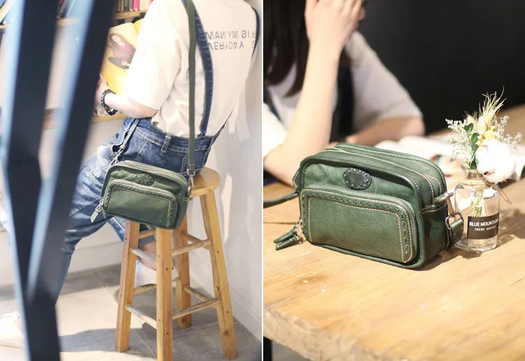 Square Womens Green Leather Crossbody Satchel Purse Small Shoulder Bags for Women