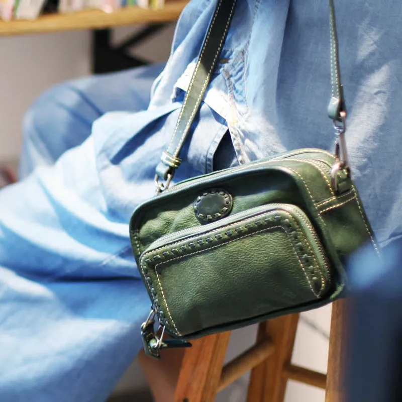 Square Womens Green Leather Crossbody Satchel Purse Small Shoulder Bags for Women