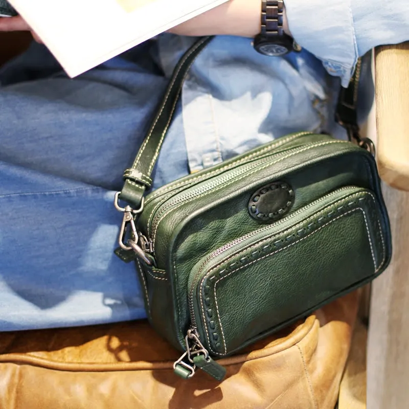 Square Womens Green Leather Crossbody Satchel Purse Small Shoulder Bags for Women