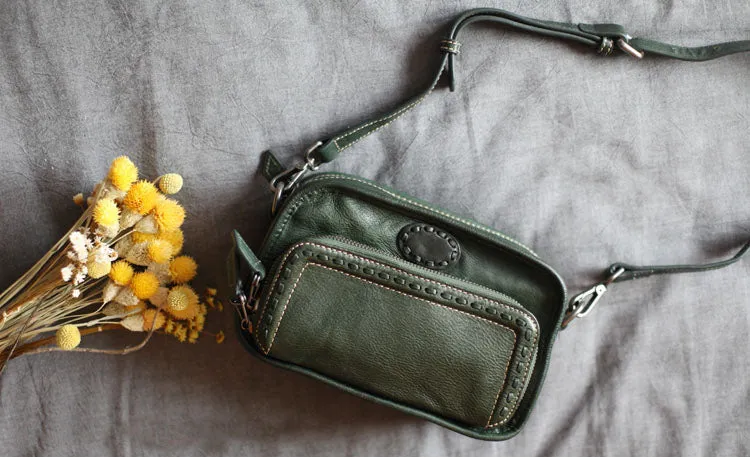 Square Womens Green Leather Crossbody Satchel Purse Small Shoulder Bags for Women