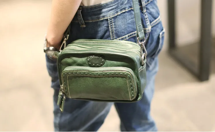Square Womens Green Leather Crossbody Satchel Purse Small Shoulder Bags for Women
