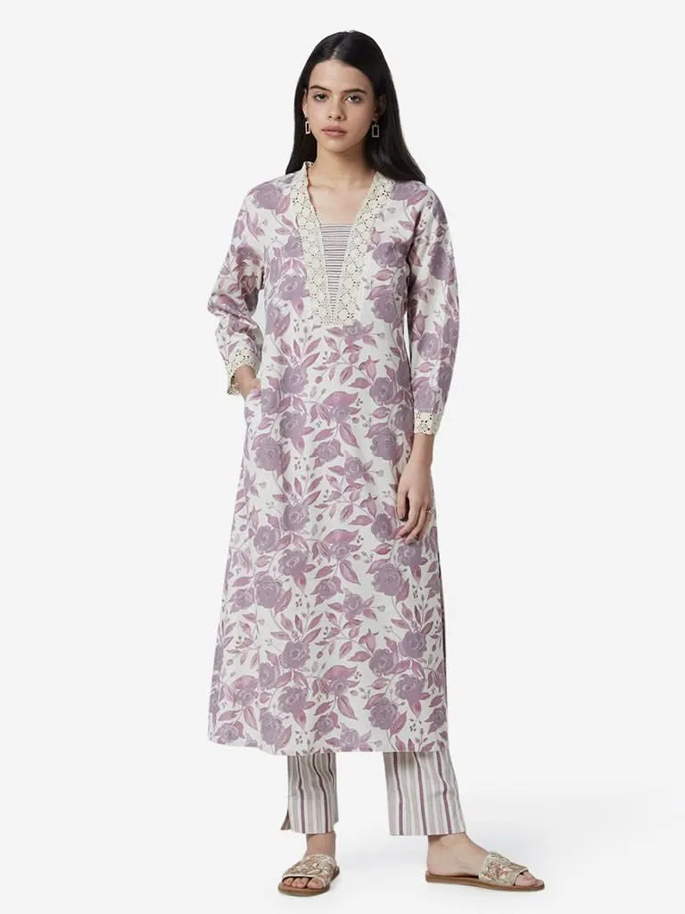 Utsa Lilac Rose Patterned A-line Kurta