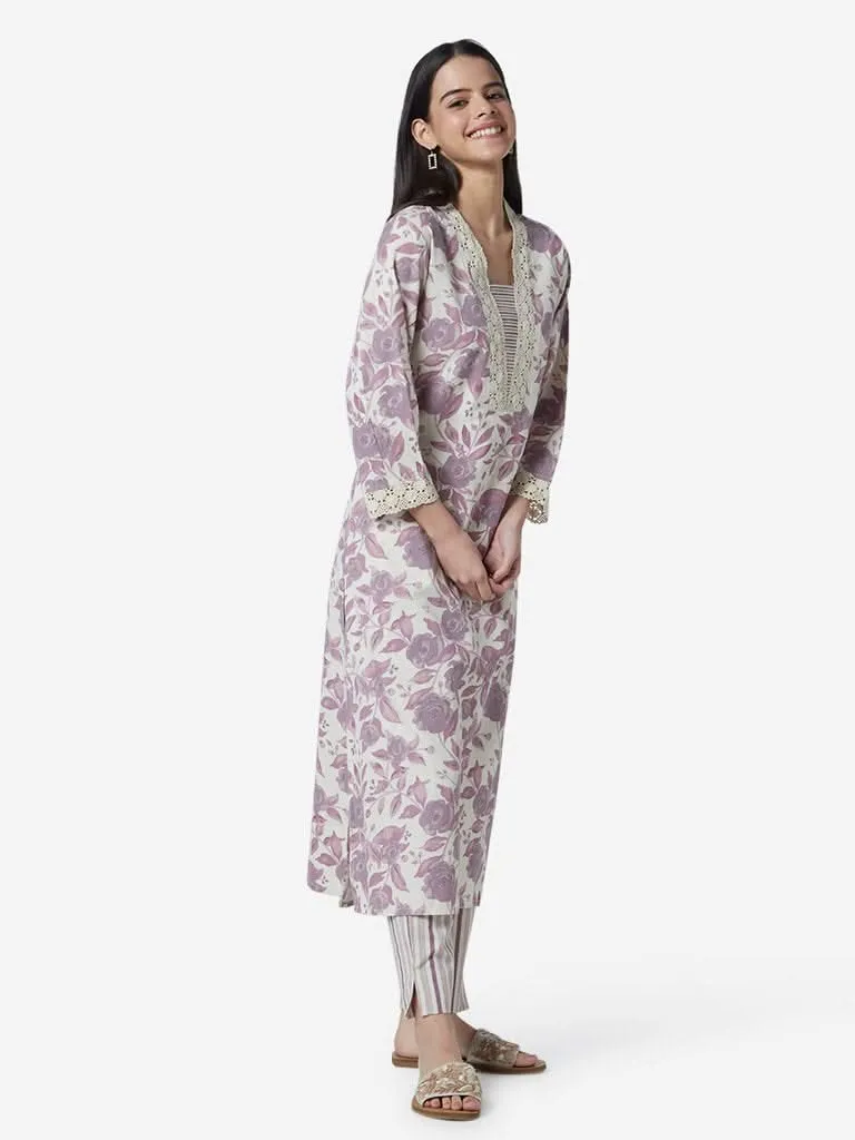 Utsa Lilac Rose Patterned A-line Kurta