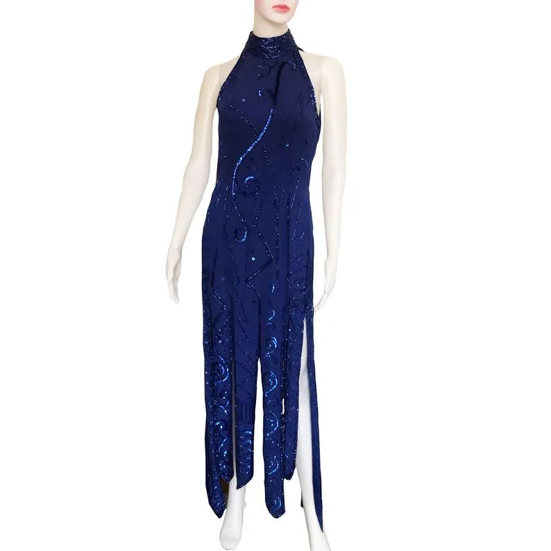 Vintage 1980s Lillie Rubin Blue Sequin Halter Dress