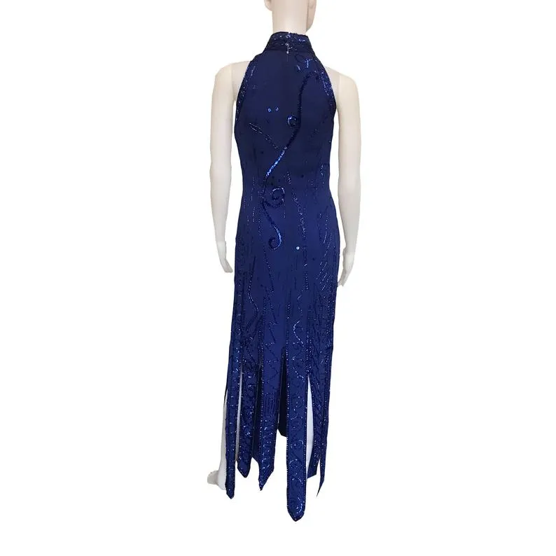 Vintage 1980s Lillie Rubin Blue Sequin Halter Dress