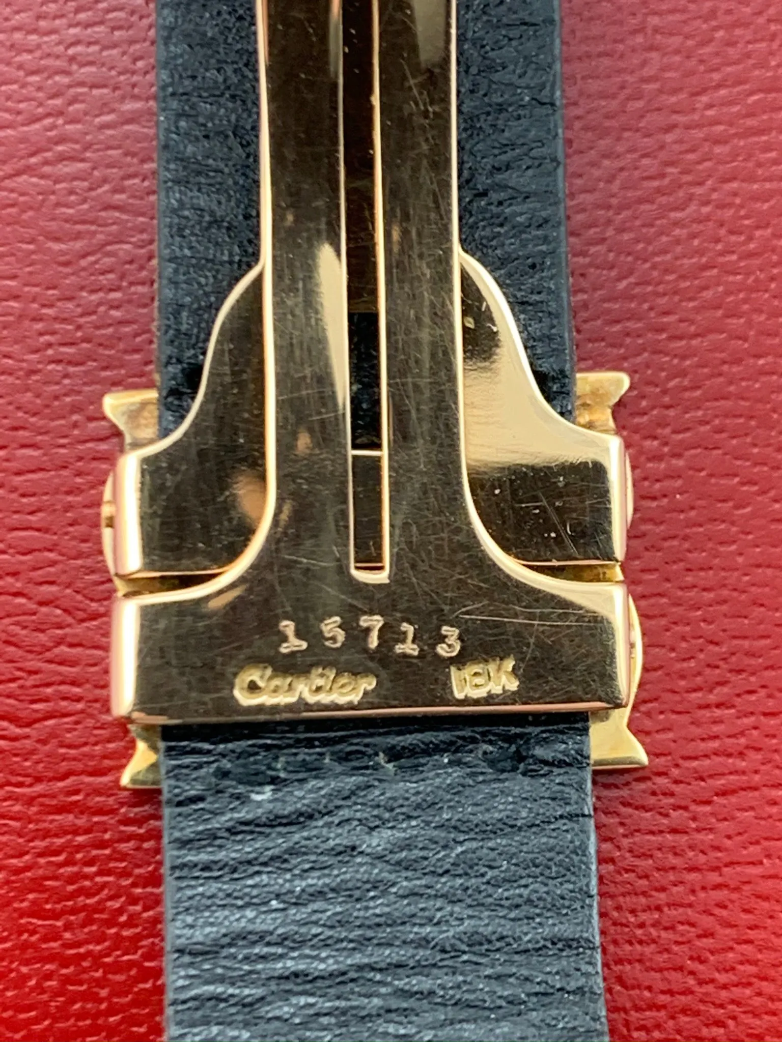 Vintage OEM Cartier 18K Yellow Gold Double C Folding Clasp W/ Generic NOS 17MM Black Calf Leather Strap